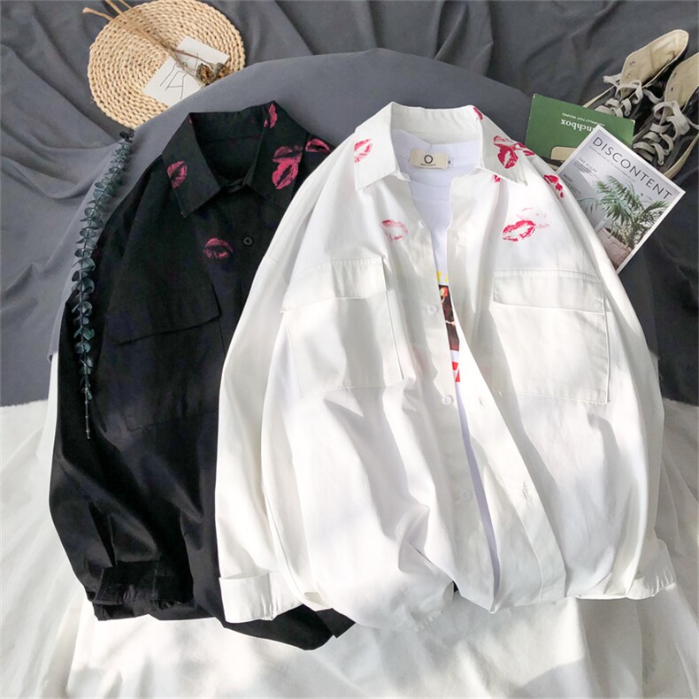 春季口红印花纯棉长袖衬衫潮流衬衣男宽松大码CS20P45,男装衬衫,电商C323