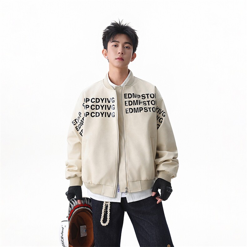 字母印花美式棒球服男高级感痞帅飞行员夹克PU皮衣服国潮高街外套，男装夹克，星座218-7