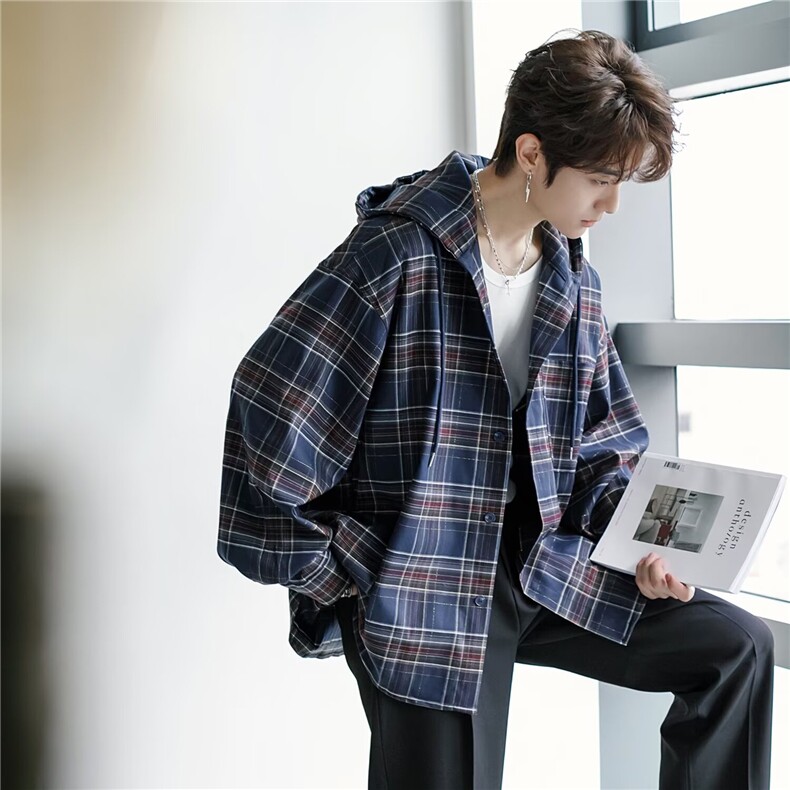 蓝色格纹连帽衬衫男2024秋季新款宽松慵懒风长袖衬衣外套CS25/P58图片
