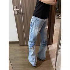 裂纹设计水洗蓝色牛仔裤美式潮流休闲百搭宽松直筒长裤NZA422，男装牛仔裤，星座516A