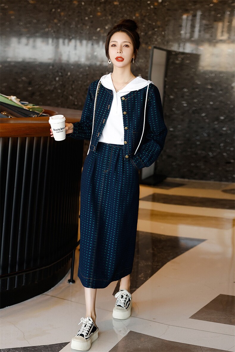 时尚显瘦牛仔套装女春季新款韩版气质百搭两件套裙子小香风外套,女装套装/套裙,秋水欣儿