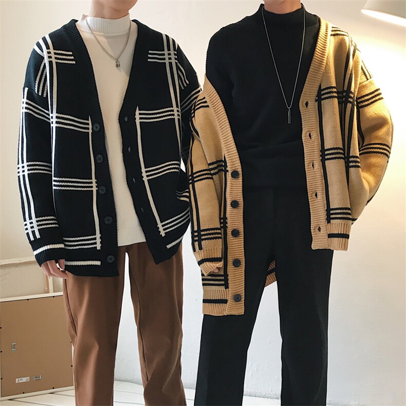 春季oversize格子毛衣男韩版学生开衫针织衫潮外套~*MK05-P95,男装针织衫/毛衣,四季星座713
