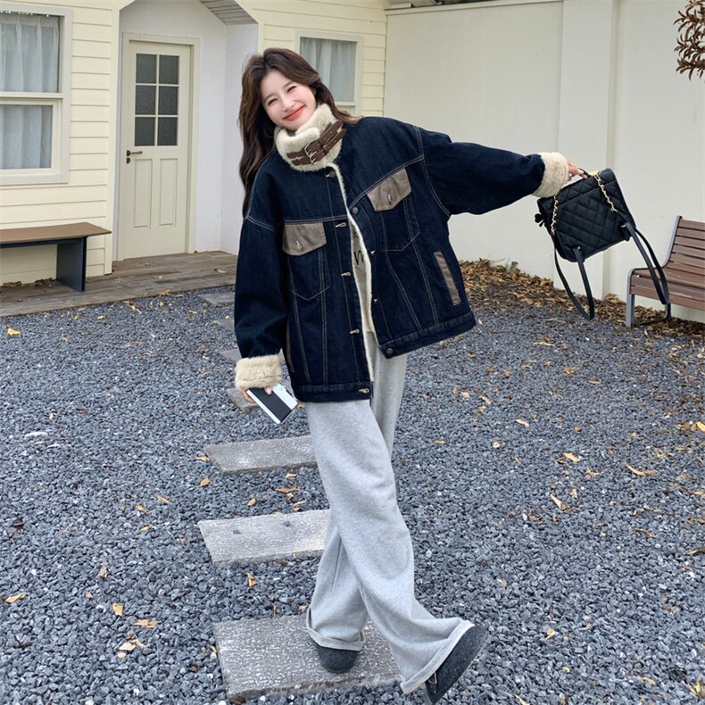 新款主推牛仔拼接皮仿貂毛牛仔外套2668-P195-K298,女装短外套,2C129
