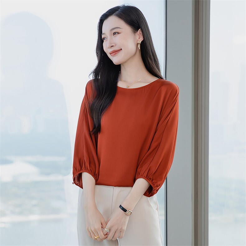 纯色真丝上衣女七分袖2026春夏宽松中袖中年妈妈装真丝T恤小衫,女装衬衫,阿舍尔精品