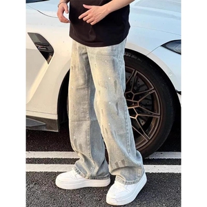 潮牌泼墨牛仔裤男女美式高街休闲长裤宽松直筒裤子K70716-P47网图图片