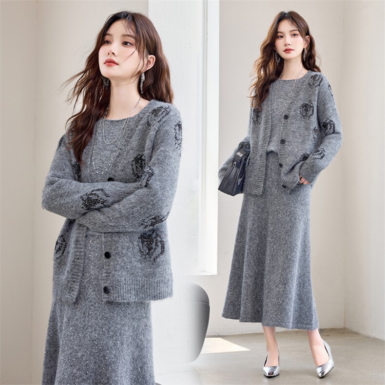 重工艺现货！秋季新款宽松时尚重工艺圆领亮片温柔气质三件套裙女，女装套装/套裙，央宝儿