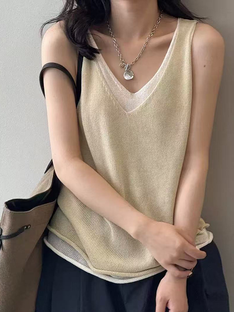 新款v领无袖吊带时尚百搭修身型,女装T恤,锦弘羊绒