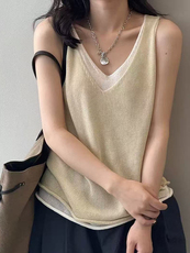 新款v领无袖吊带时尚百搭修身型，女装T恤，锦弘羊绒