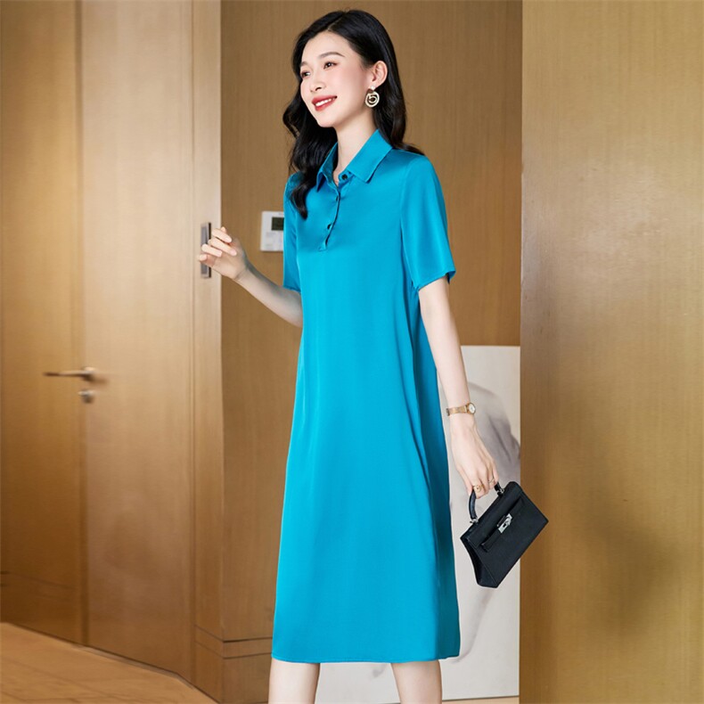 重磅真丝桑蚕丝连衣裙女夏2025新款翻领宽松遮肚子显瘦休闲polo裙,女装连衣裙,阿舍尔精品