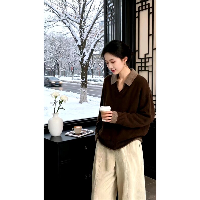 重磅北极绒假两件衬衫领毛衣美式高街复古休闲慵懒纯色翻领针织衫，男装针织衫/毛衣，电商A486