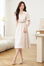 拉夏贝尔官方法式气质短袖连衣裙女2025年夏季新款显瘦a字流光裙，女装连衣裙，艾米