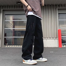 潮流美式泼墨直筒弯刀裤男士夏季款宽松复古休闲裤潮牌宽松直筒裤，男装休闲裤，星座506A
