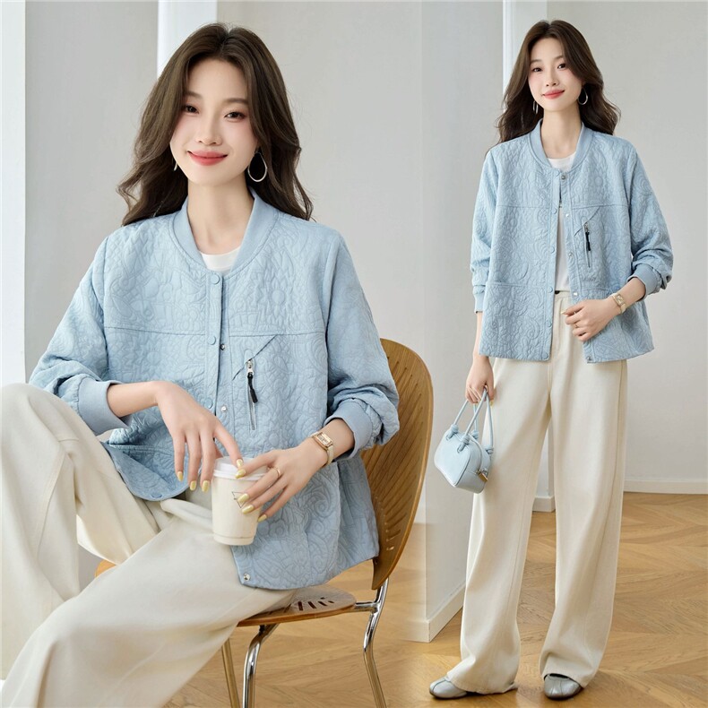 现货时尚休闲洋气外套女2026秋季新款百搭显瘦提花简约夹克上衣，女装大码女装，木橙西子