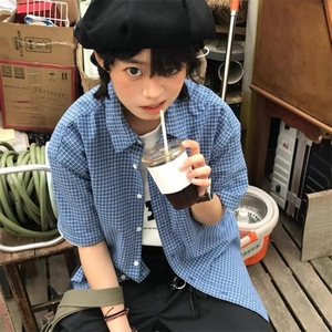 【现货】DB419-P37美式复古蓝色格子廓形短袖衬衫男夏季松弛感图片