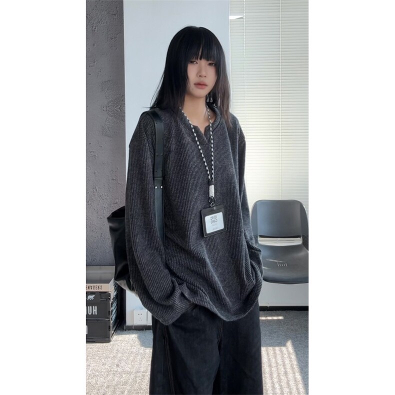 V领潮流美式复古长袖设计感打底衫T恤男秋季宽松百搭特P38,男装T恤,电商C306-1