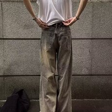 美式高个夏季破洞牛仔裤男泥染做旧高街废土风裤子阔腿拖地乞丐裤，男装牛仔裤，星座506A