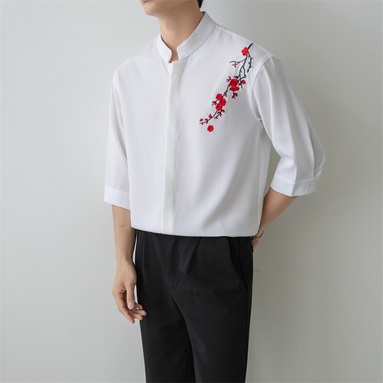 小伙立领纯色衬衫男休闲宽松风刺绣衬衣轻熟风A236-82571-P55图片