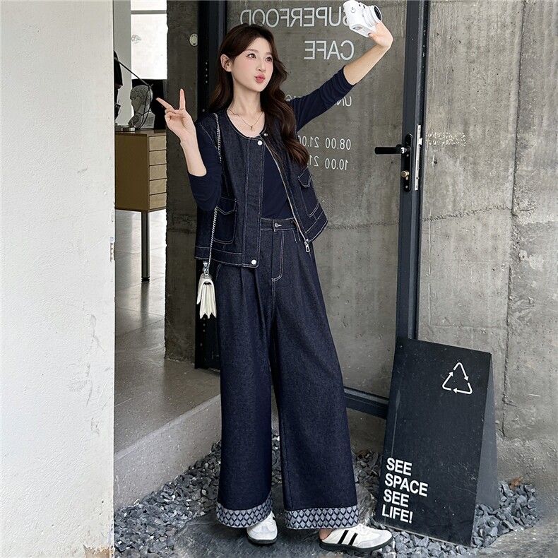 复古牛仔套装女2025秋季新款短袖马甲上衣阔腿长裤套装,女装套装/套裙,瑶迪依秀