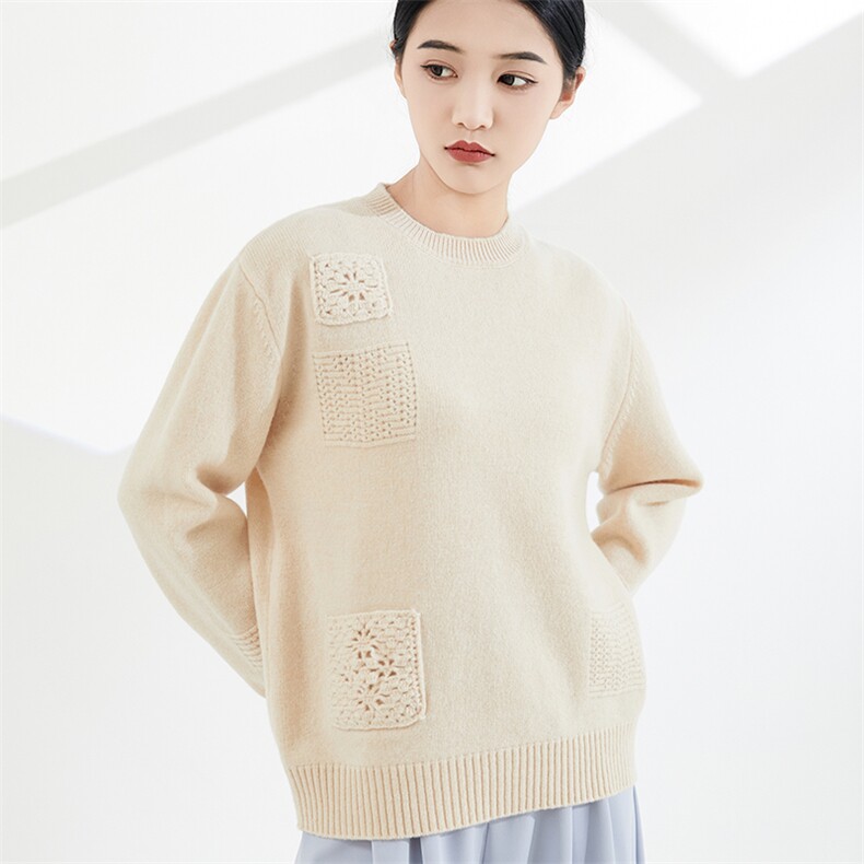 2025年秋季新款纯色宽松手工钩花式针织山羊休闲时尚，女装针织衫/毛衣，奢优羊绒