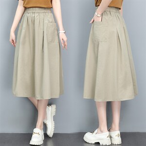 纯棉半身裙女2025年夏季新款松紧高腰a字裙妈妈中长款薄款大摆裙,女装半身裙,玛其路
