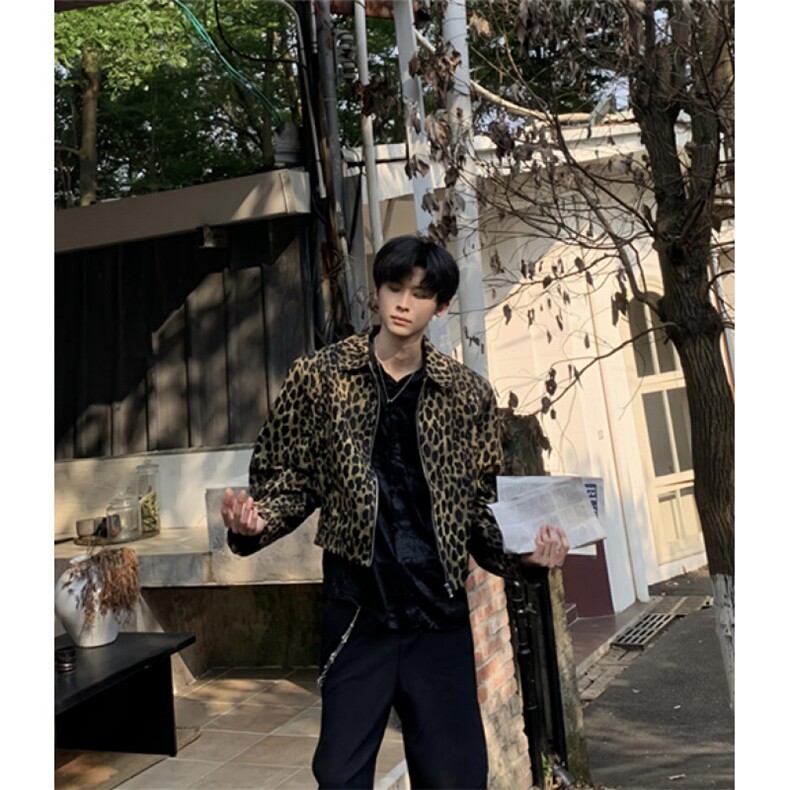 欧美风豹纹水洗牛仔外套男翻领设计感短款宽松复古夹克 JK8218图片