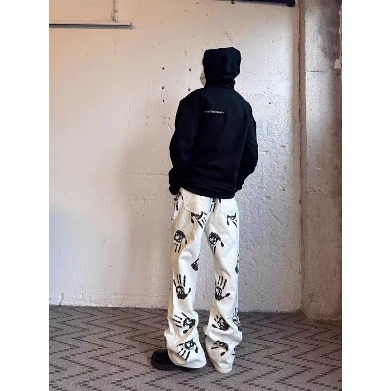 网络图 手掌印花白色男女hiphop潮牌炸街微喇长裤N669-P53图片