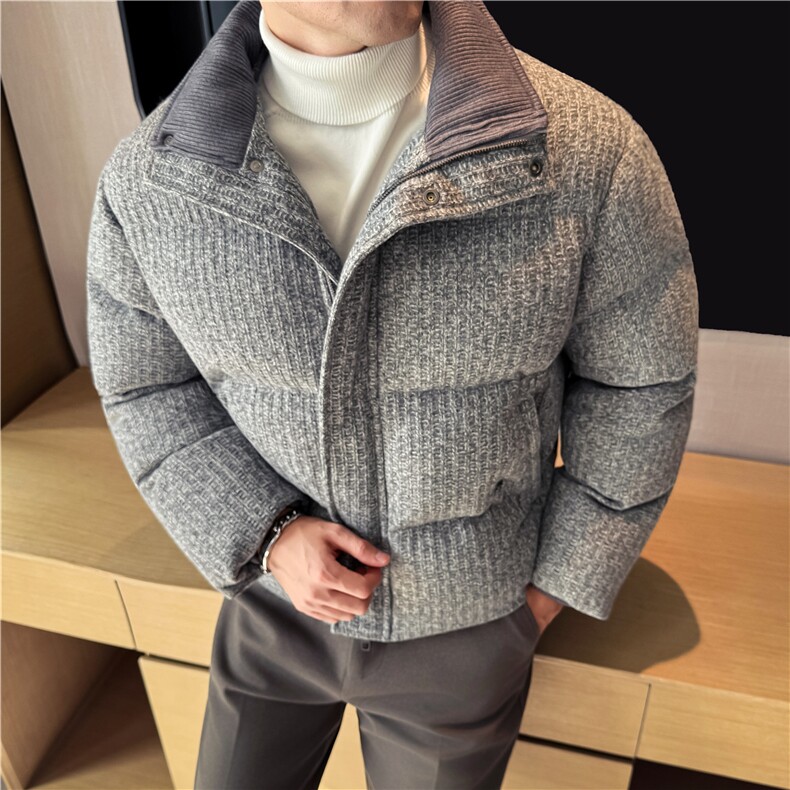 小香风编织呢料~肌理立领加厚保暖棉服男短款外套灰色M25105-P247,男装棉衣,电商A213