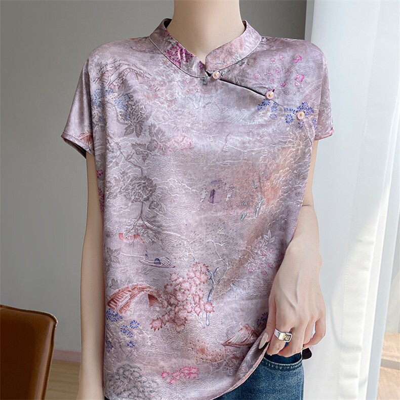 专柜品质~新中式国风盘扣真丝衬衫女夏季新款复古印花小飞袖上衣,女装T恤,佳绒高端店