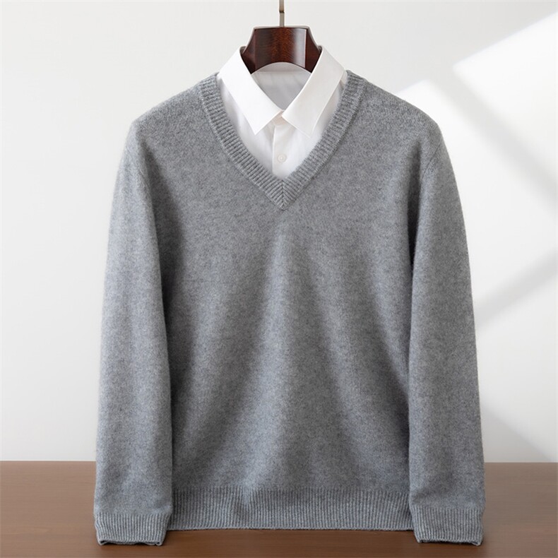 2025年秋季长袖双股平面V领时尚百搭通勤休闲，男装羊绒套衫，蜜暖羊