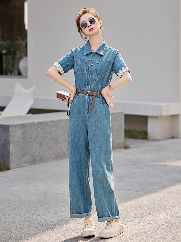 欧货薄款牛仔连体裤女2025夏新款时尚炸街显瘦蕾丝拼接直筒连衣裤,女装连体裤,意芙