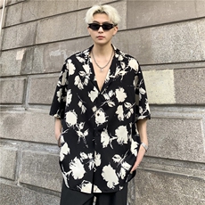 潮冰丝短袖衬衫男夏季港风度假沙滩古巴领碎花休闲衬衣潮款P48，男装衬衫，电商C307