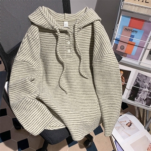 5732-P62美式新款条纹长袖t恤打底衫春秋连帽上衣
