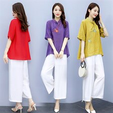 2021夏季新款简约气质圆领时尚图案刺绣复古盘扣装饰棉麻两件套，女装套装/套裙，韩宇舍