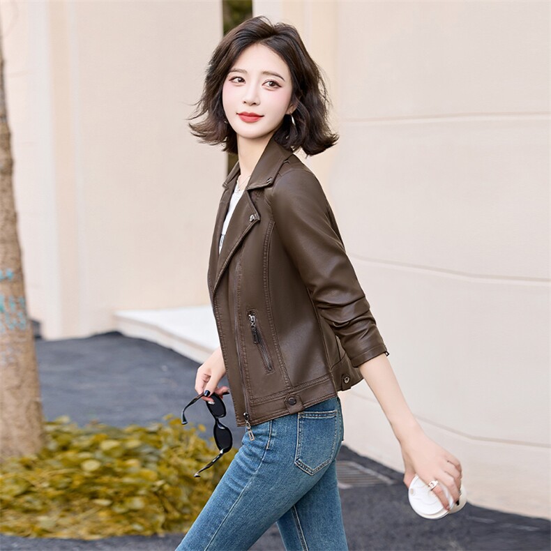 现货仿真皮外套女短款2024春秋新款时尚宽松显瘦机车皮夹克上衣,女装皮衣,江南女神