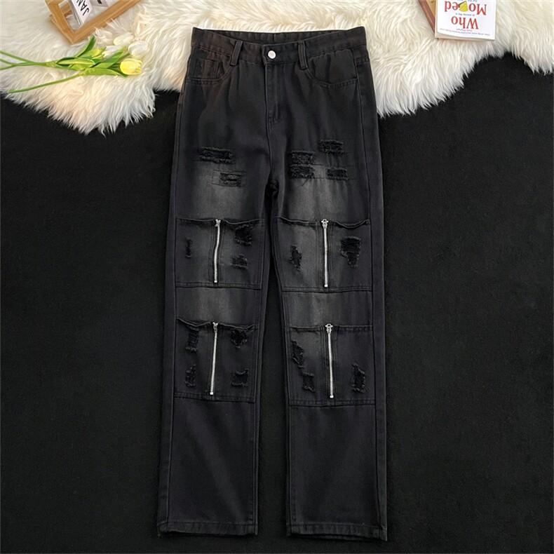 高街重工牛仔裤设计感拉链破洞vibe风潮流直筒裤子男N06038-P50,男装牛仔裤,星座308B-1