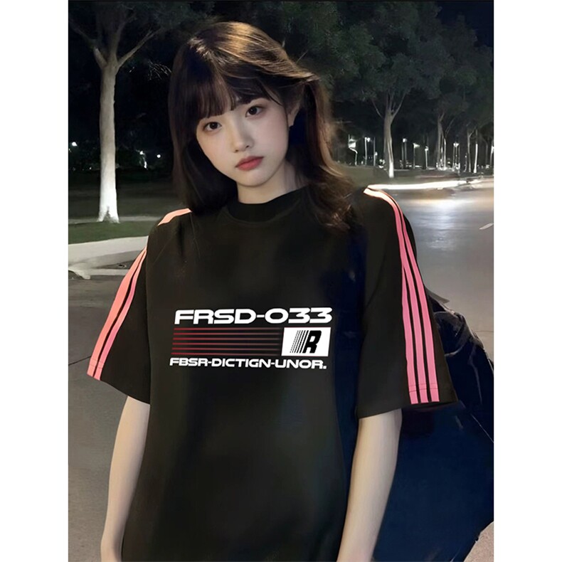 抖音得物品质二开240克宽松纯棉美式潮牌印花三条杠中性风短袖T恤,男装T恤,电商A486