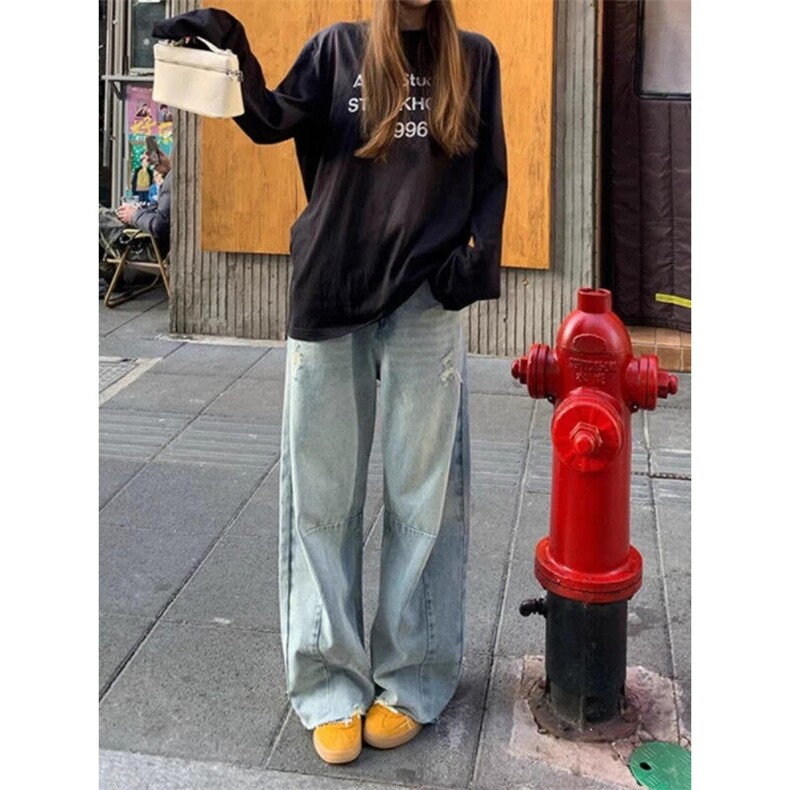 网图复古嘻哈街头水洗浅蓝弯刀牛仔裤宽松阔腿拖地裤G3163-P58,男装牛仔裤,星座1001-1