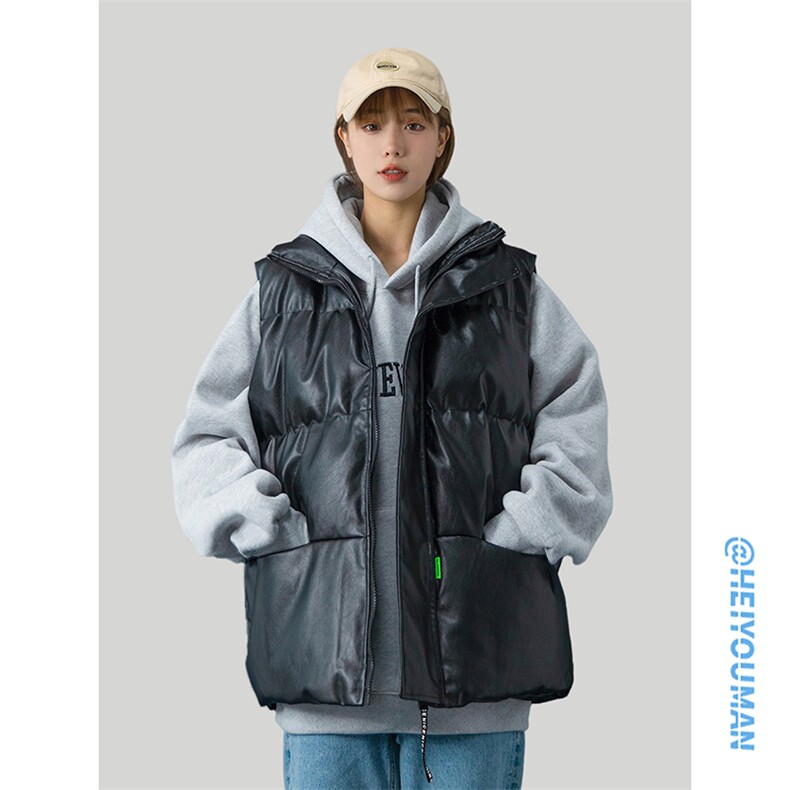 美式复古PU皮马甲棉服男女冬季潮牌宽松加厚立领坎肩外套HY22P85,男装棉衣,电商A102B