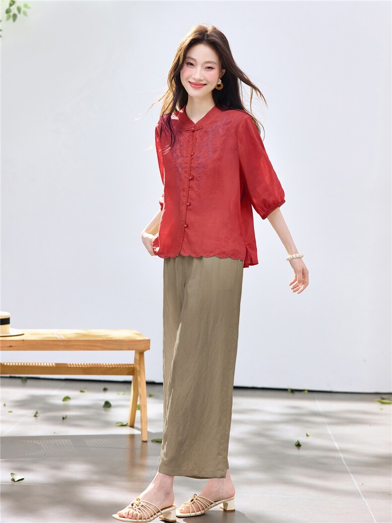 长期现货2026夏季新款天丝苎麻刺绣衬衫T恤中年阔腿裤两件套装女,女装套装/套裙,璐依舞