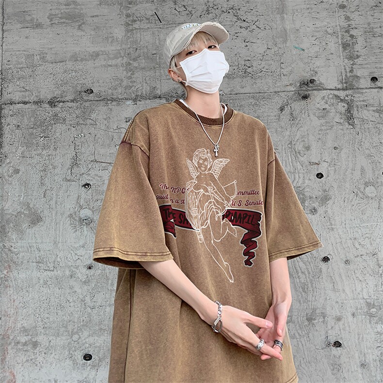 B239-X1025-P38美式字母天使做旧水洗短袖落肩袖短袖T恤男,男装T恤,星座514-2(原B239)