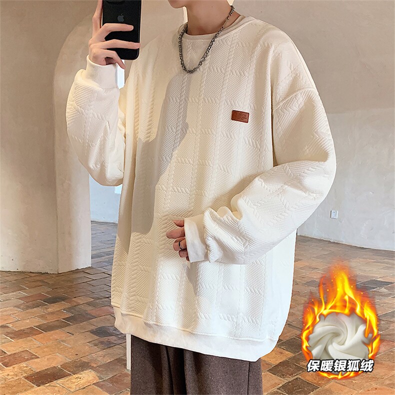 2025冬装圆领加绒卫衣格子大码男纹理提花W678J/特P35杏,男装卫衣,电商A094