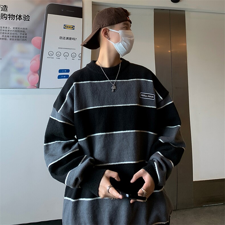 针织衫男韩版潮流条纹拼色高街帅气2024冬季ins宽松毛衣MZ227-P46,男装针织衫/毛衣,星座412-2