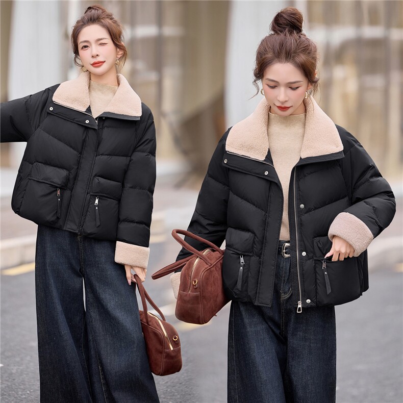 羊羔毛拼接短款白鸭绒羽绒服女2025冬新款加厚保暖,女装羽绒服,余墨