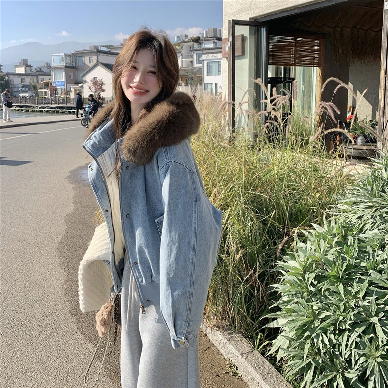 美式复古宽松加绒保暖羽绒内胆连帽牛仔外套女可拆卸毛领宽松夹克,女装羽绒服,艾米莉亚