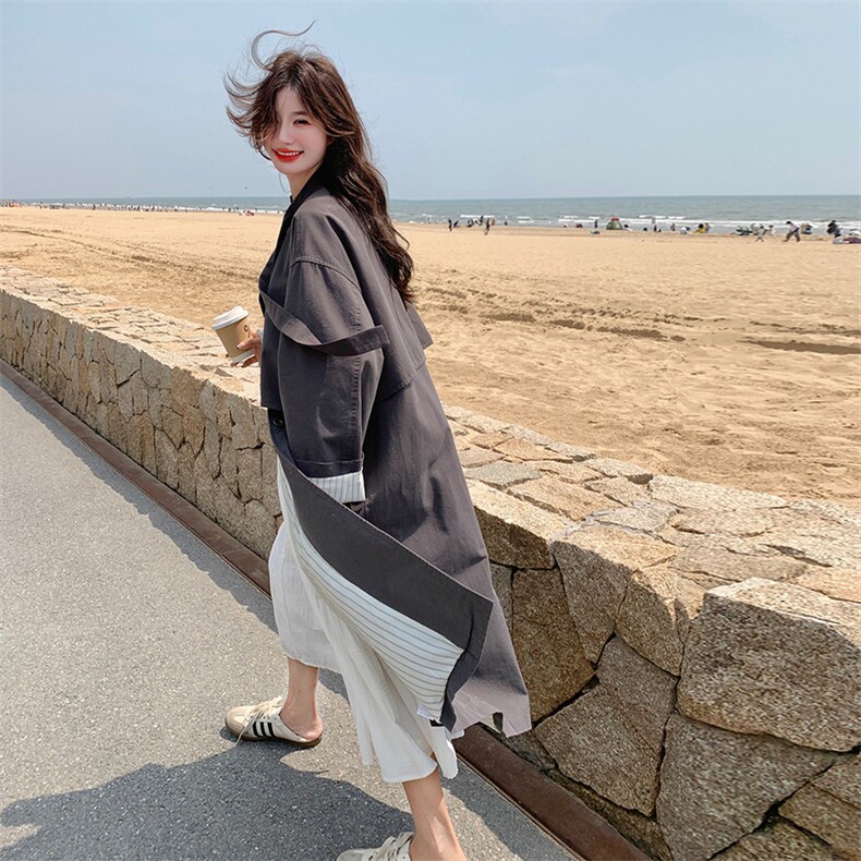 高级小众休闲韩系chic灰色风衣外套女春秋超火好看气质中长款大衣,女装风衣,2C016