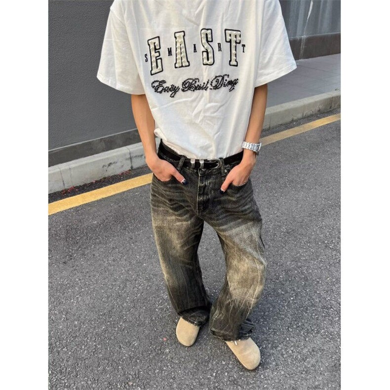 街头做旧闪电爆裂纹牛仔裤男女宽松直筒百搭cleanfit裤子NZ6082,男装牛仔裤,星座1116A（原606A-3）