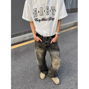 街头做旧闪电爆裂纹牛仔裤男女宽松直筒百搭cleanfit裤子 NZ6082图片