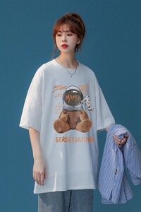 中性 夏季新款美式潮宽松小熊印花情侣百搭短袖T恤 T1010 P25控38图片