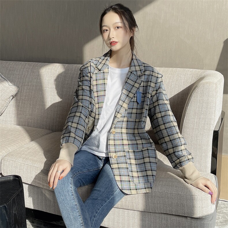 2021春季新款时尚格子西装外套修身显瘦百搭气质女装,女装西装,深水步