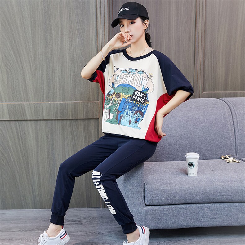 2020新款韩版夏季卡通图案原宿短袖T恤女配休闲运动服,女装套装/套裙,凯瑟曼